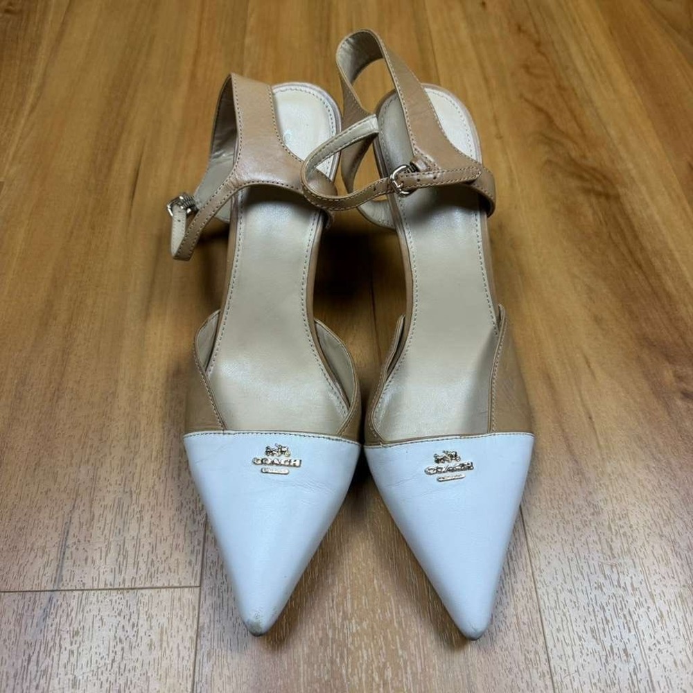 Coach Vierra‎ Two Tone Leather Pointed Toe Ankle Strap Pumps Tan White A9675 9B